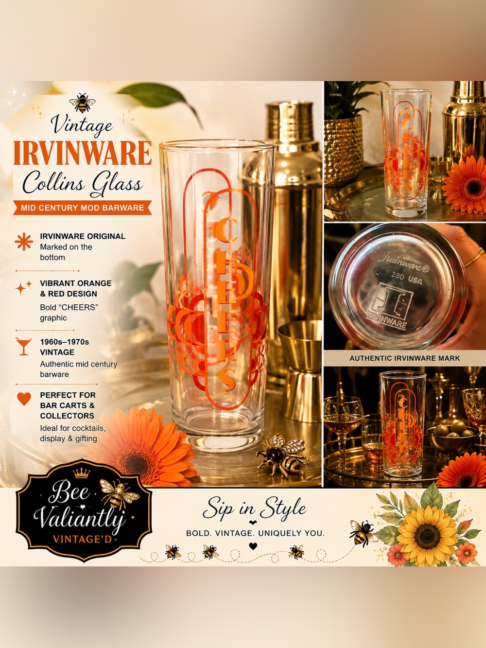 VTG Irvinware “CHEERS” Collin’s Glass | Retro Barware | Made in USA
